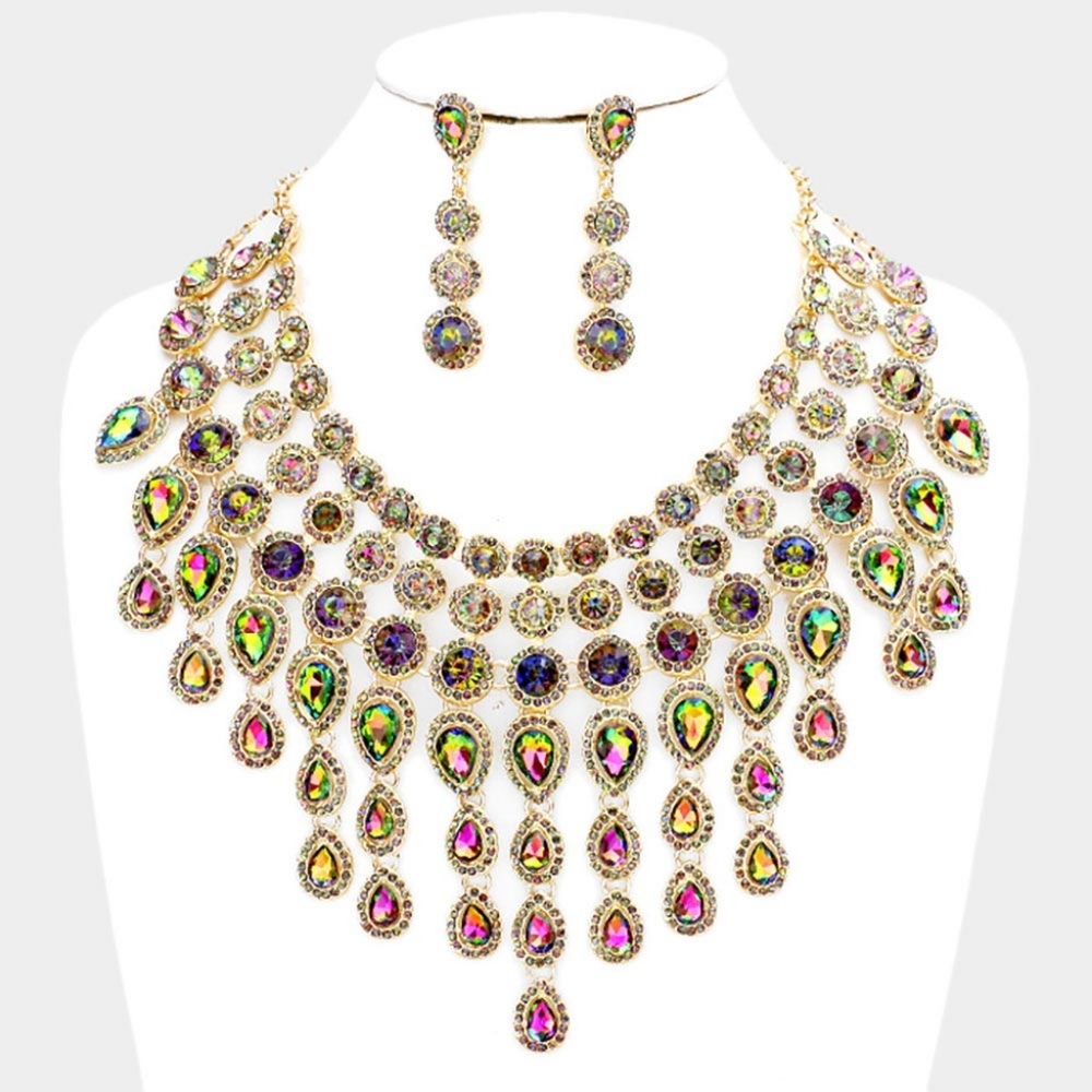 Elegant Multi Green Crystal Choker Necklace Set Waterfall Statement Jewelry